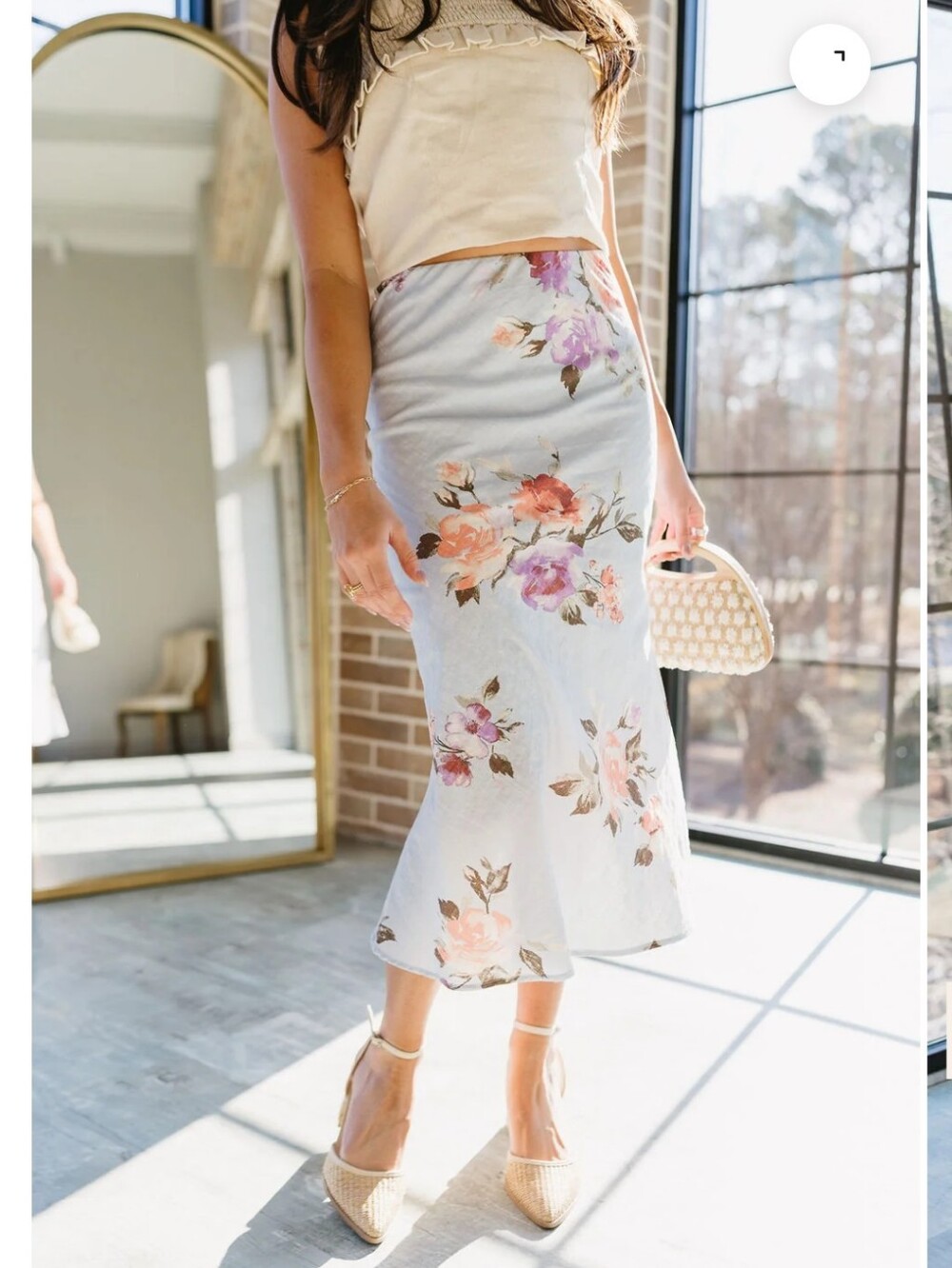 New Gilli Light Blue Floral Linen Midi Skirt - Bias Cut Lined Women's Size M
